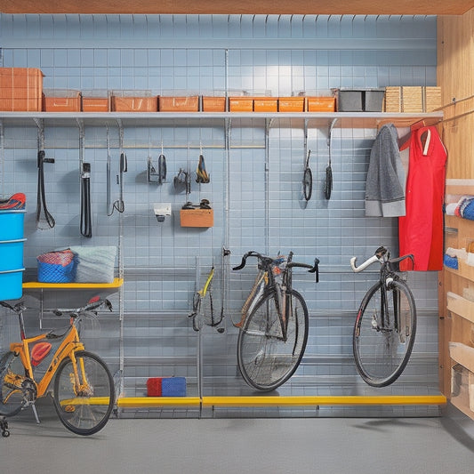 A well-organized garage with a slatwall featuring hooks, bins, and a pegboard, paired with a modular shelving unit and a sleek, overhead storage rack for bicycles.