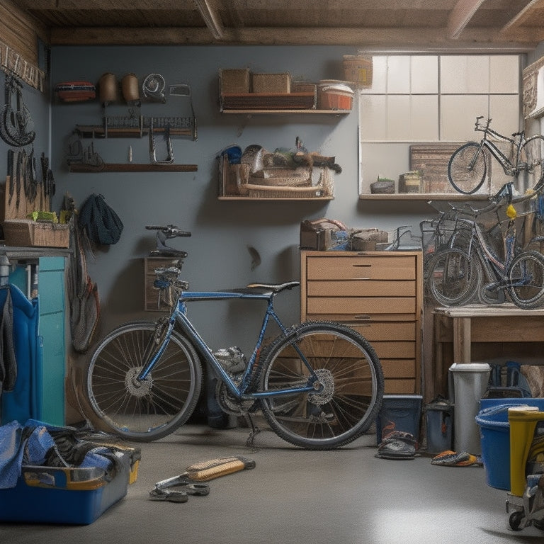 A cluttered garage with scattered tools, bike, and boxes, overshadowed by a calm and organized garage in the background, with labeled bins, a tidy workbench, and a hanging bike rack.