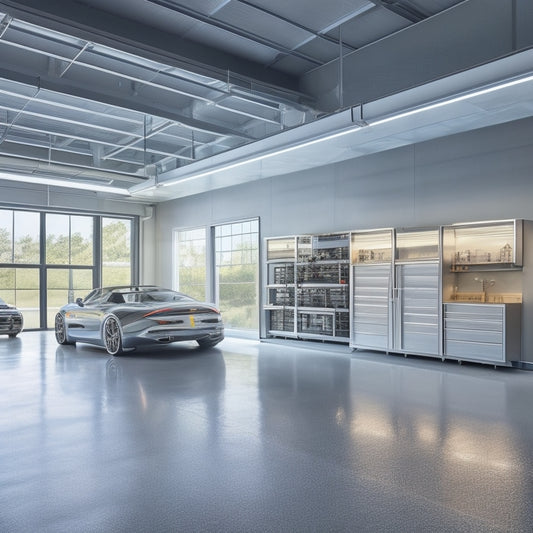A sprawling, modern garage with gleaming epoxy floors, sleek silver cabinets, and a show-stopping, floor-to-ceiling tool storage wall, illuminated by natural light pouring through large windows.