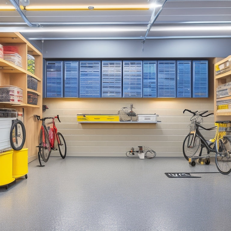 A modern, well-lit garage interior with a sleek, epoxy-coated floor, featuring a Pegboard with organized tools, a high-gloss cabinet with labeled bins, and a state-of-the-art bicycle lift suspended from the ceiling.