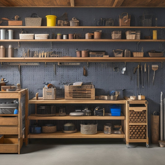 A clutter-free garage with a slatted pegboard on the wall, holding various tools and accessories, alongside a row of labeled bins and a DIY shelving unit made from reclaimed wood.