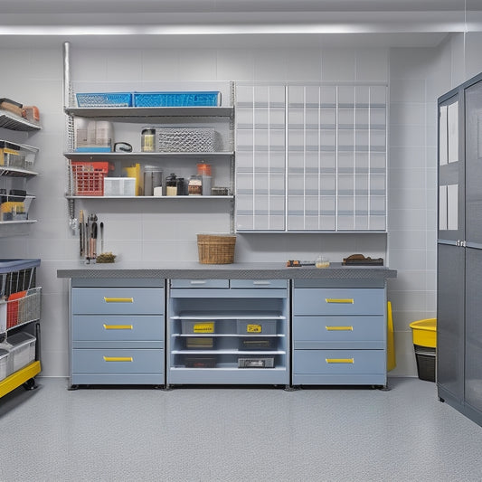 A well-organized garage with a sleek, gray epoxy-coated floor, featuring a wall-mounted pegboard with hooks, bins, and a foldable workbench, surrounded by labeled storage cabinets and baskets.