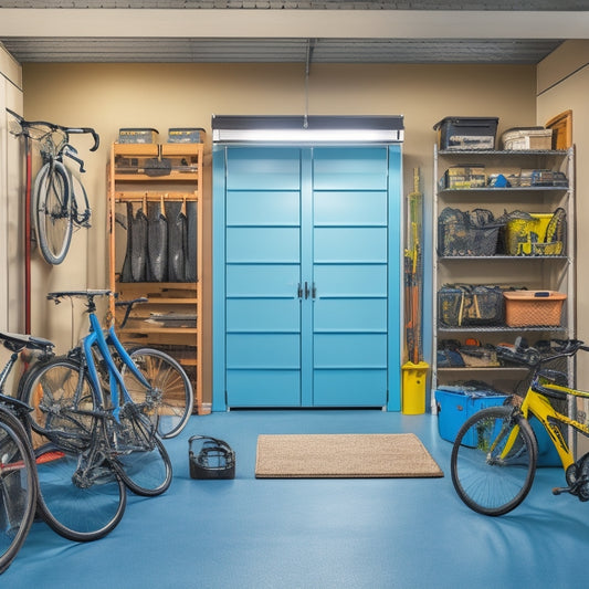 A cluttered double-car garage with bicycles, tools, and storage bins scattered haphazardly, contrasted with a clean and organized garage featuring customized storage systems, such as wall-mounted racks and cabinets.