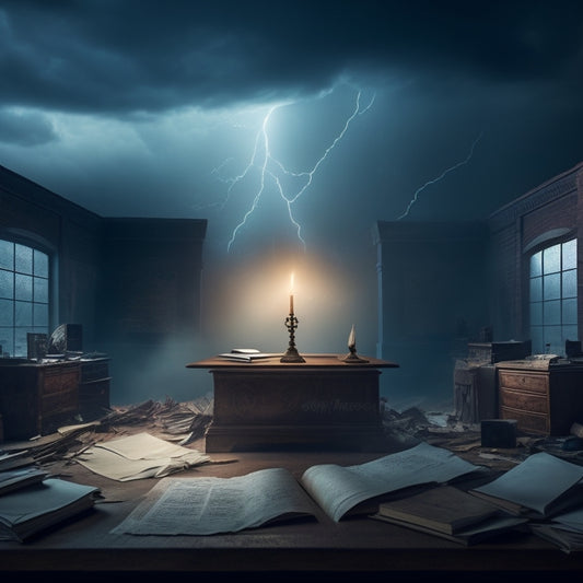 A dramatic, misty arena with two opposing desks, each with a quill pen and parchment, surrounded by torn papers, broken quills, and fallen books, under a dark, ominous sky with lightning bolts.