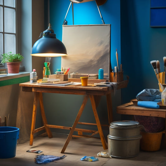 A tidy, well-lit art studio with a newly cleaned canvas on an easel, surrounded by organized brushes, paints, and a small trash can with a crumpled up dirty canvas rag inside.