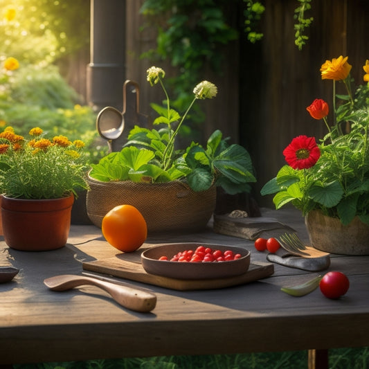 A serene summer garden scene: vibrant flowers, lush greenery, and a few strategically placed garden tools, with a subtle sunbeam illuminating a perfectly ripened tomato on a rustic wooden table.