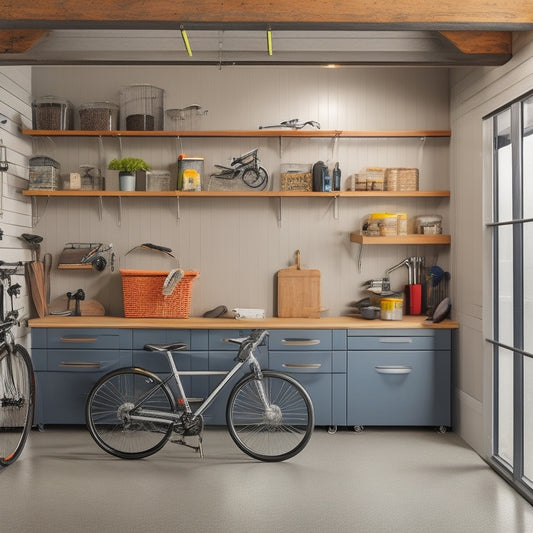 A clutter-free garage interior with slatwall panels, hooks, and bins, featuring a organized workbench, a hanging bicycle, and a few storage cabinets, all set against a clean, light-gray background.