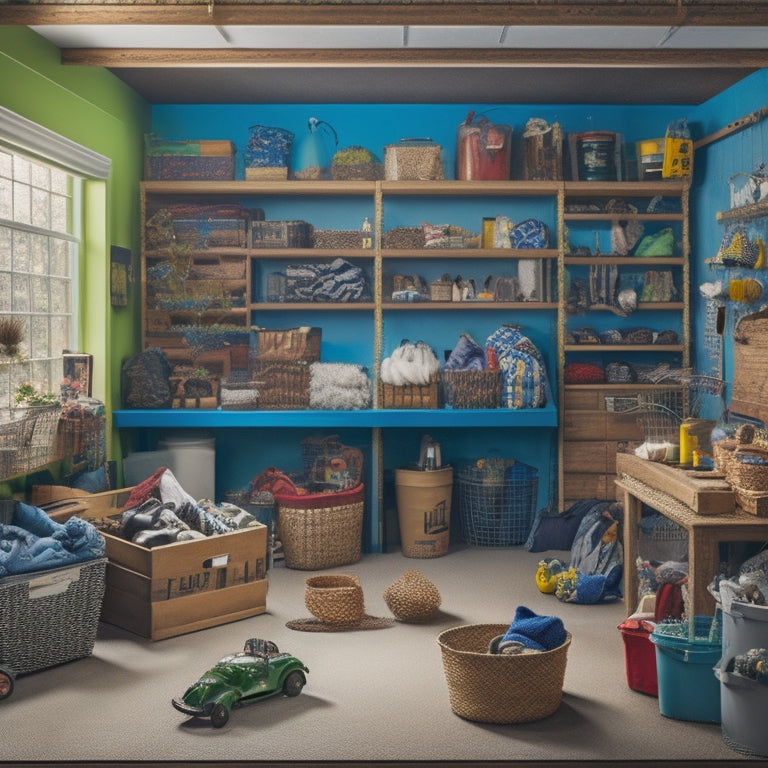 A cluttered garage with seasonal items scattered around, then a transformed organized space with labeled bins, hooks, and shelves storing winter clothing, summer toys, and holiday decorations.