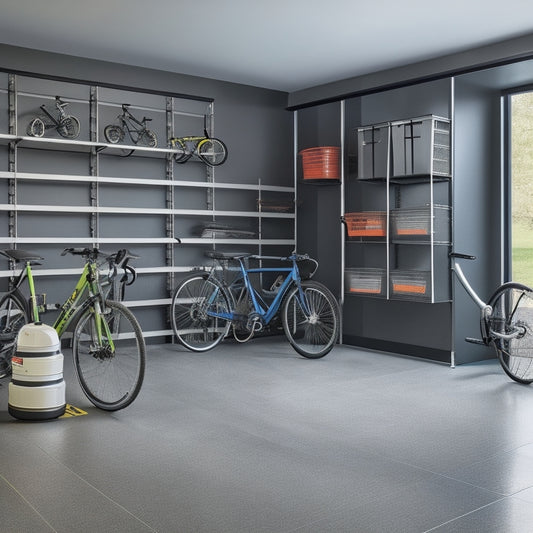 A clutter-free garage interior with a sleek, gray epoxy-coated floor, featuring a mix of wall-mounted bike racks, slatwall panels, and modular shelving units with labeled bins and baskets.