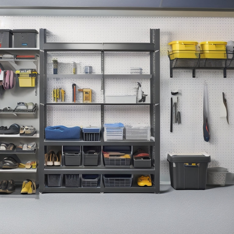 A well-organized garage with 10 distinct storage solutions: slatwall with hooks and bins, overhead storage racks, a pegboard with tools, a modular cabinet system, and a sleek epoxy-coated floor.