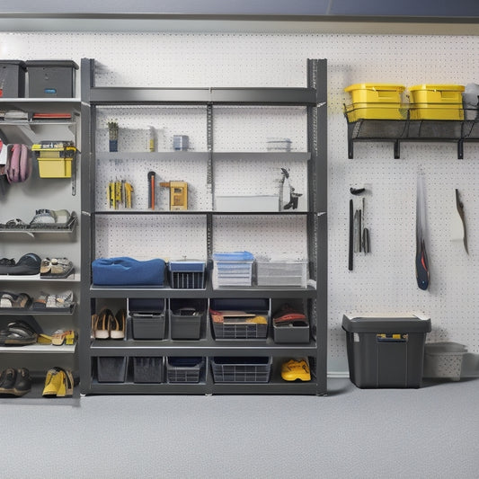 A well-organized garage with 10 distinct storage solutions: slatwall with hooks and bins, overhead storage racks, a pegboard with tools, a modular cabinet system, and a sleek epoxy-coated floor.