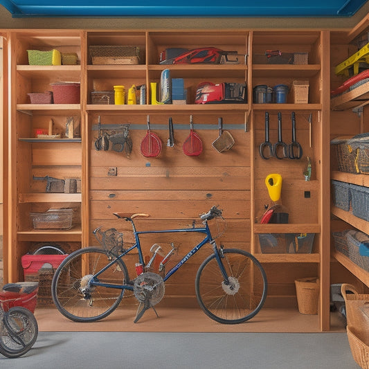 A clutter-free garage with a custom-built shelving unit featuring 3-4 wooden shelves, metal brackets, and a pegboard, surrounded by organized storage bins, tools, and a few bikes.