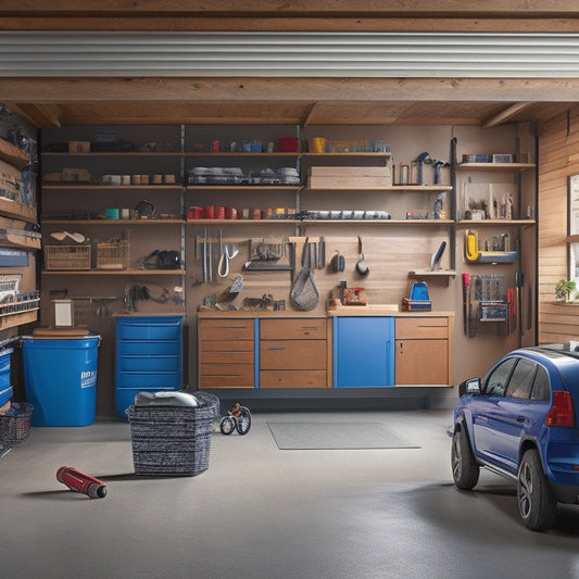 A clutter-free garage with a slatwall, hooks, and bins, featuring a parked car, a workbench with organized tools, and a loft storage area with labeled crates and baskets.