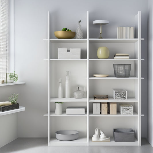A tidy, L-shaped corner with sleek, white shelving units, each approximately 3 feet wide, holding various household items, such as books, vases, and baskets, against a light gray background.