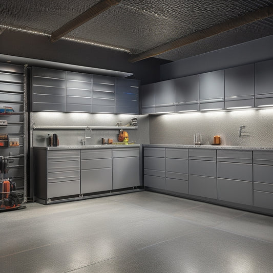 A well-lit, modern garage with sleek, gray cabinets, stainless steel countertops, and a slatwall with neatly organized tools and accessories, surrounded by a polished, epoxy-coated concrete floor.
