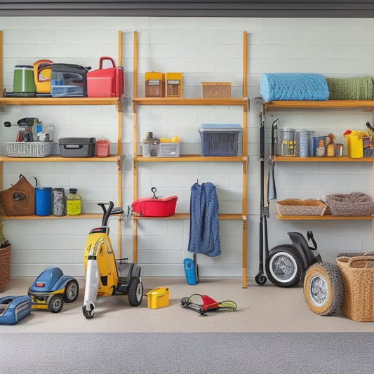 A clutter-free garage with a pegboard on the wall, hooks holding coiled hoses, and labeled bins storing outdoor power equipment, such as a leaf blower, lawn mower, and trimmer, on a gray epoxy floor.