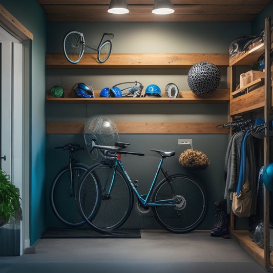 A dimly lit, clutter-free small garage with a sliver of natural light, showcasing a sleek, wall-mounted bike rack, and a compact shelving unit storing sports equipment, such as helmets and balls.