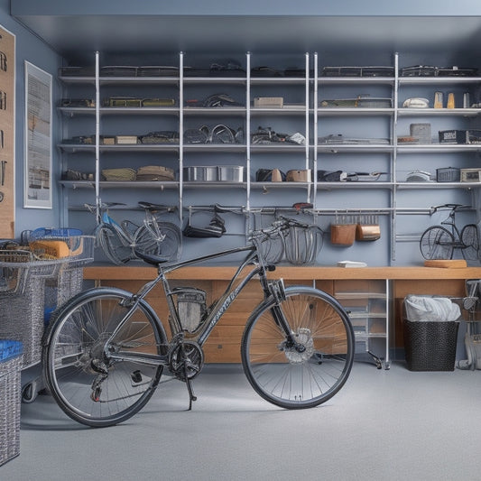 A clutter-free garage interior with a sleek, silver tool chest, labeled bins on a slatted wall, and a neatly coiled hose hanging from a ceiling-mounted reel, surrounded by a few strategically placed bikes.