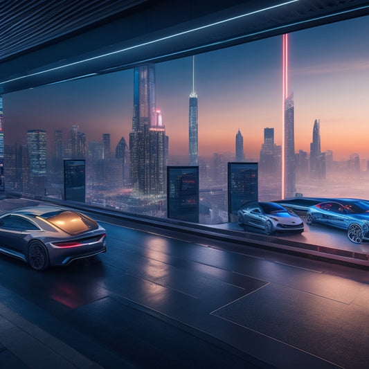 A futuristic, sleek garage with neon-lit workstations, surrounded by sleek cars and tools, morphs into a virtual classroom with a giant screen displaying a business dashboard, amidst a cityscape backdrop at dusk.