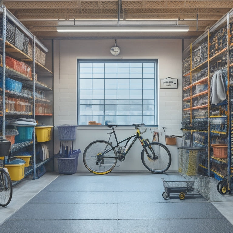 A well-organized garage with bikes suspended from the ceiling, labeled bins stacked on metal shelving, and a pegboard with hooks holding various tools and accessories, surrounded by a clean and polished concrete floor.