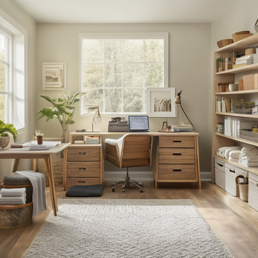 A serene, clutter-free home office with a sliding storage ottoman, a few neatly labeled baskets, and a sleek, wall-mounted shelf with a few rarely used items, bathed in warm, natural light.