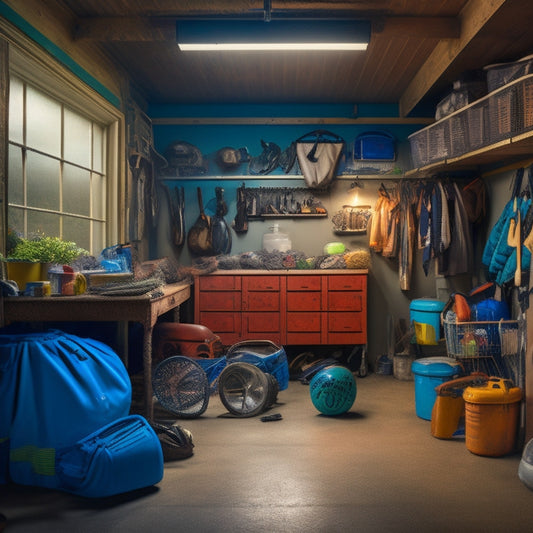 A cluttered garage interior with scattered tools, sports equipment, and storage bins, surrounded by cobwebs, with a single, dim light bulb hanging from the ceiling, and a partially open door revealing a glimpse of a tidy outdoor space.