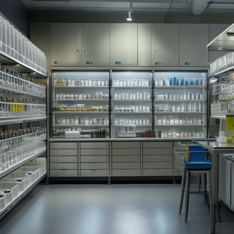 A well-lit, modern laboratory with sleek, silver shelving units, labeled bins, and color-coded containers, showcasing a tidy arrangement of beakers, test tubes, and various chemicals.