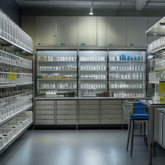 A well-lit, modern laboratory with sleek, silver shelving units, labeled bins, and color-coded containers, showcasing a tidy arrangement of beakers, test tubes, and various chemicals.