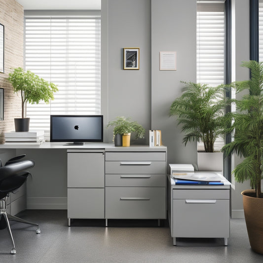 A tidy, modern office with a sleek, silver filing cabinet in the center, its drawers labeled with colorful tabs, surrounded by a minimalist desk, a potted plant, and a few neatly stacked files.