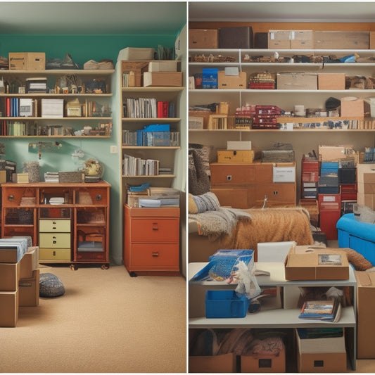A split-screen image featuring a small, cluttered room overflowing with boxes and furniture on one side, and a series of neatly organized storage units in various sizes on the other, with measuring tapes and rulers scattered around.