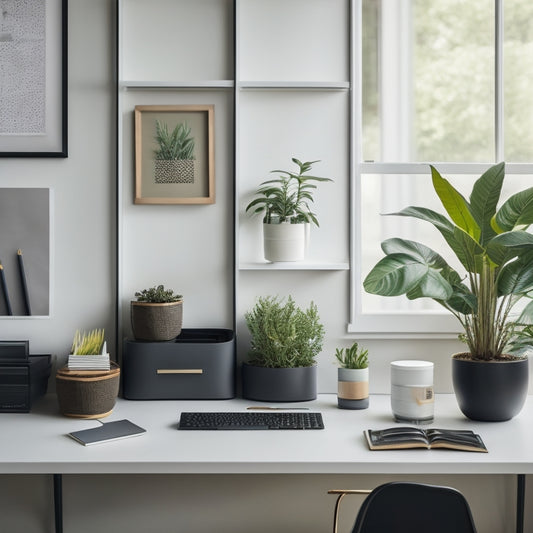 A minimalist, modern workspace featuring a sleek, custom-built organizer with multiple compartments, surrounded by neatly arranged office supplies, and a few strategically placed plants.