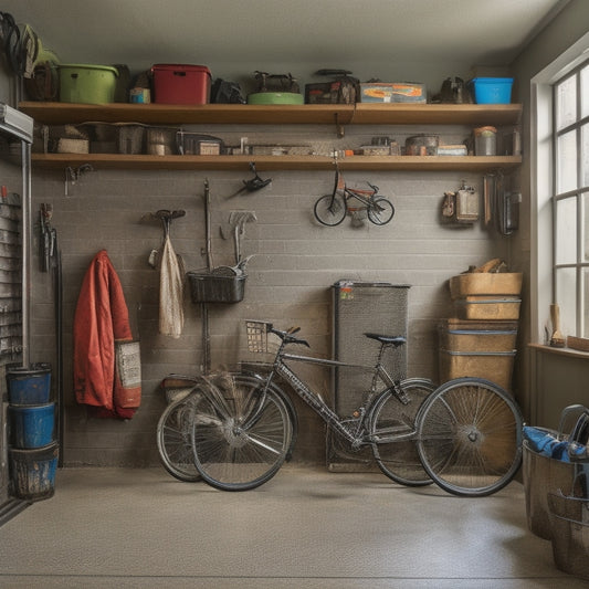 A cluttered garage with tools scattered on the floor, bicycles leaning against the wall, and storage bins overflowing, contrasted with a sleek, organized PDF door with labeled compartments and a polished finish.