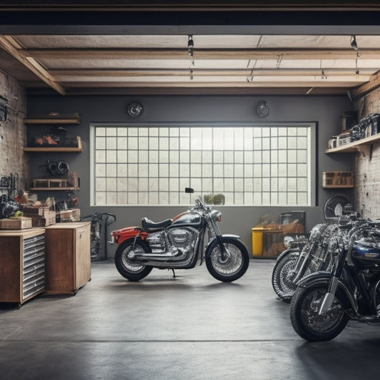 A clutter-free garage with a sleek, silver motorcycle suspended from the ceiling by sturdy hooks, surrounded by neatly arranged toolboxes, and a custom-built shelving system storing heavy machinery.