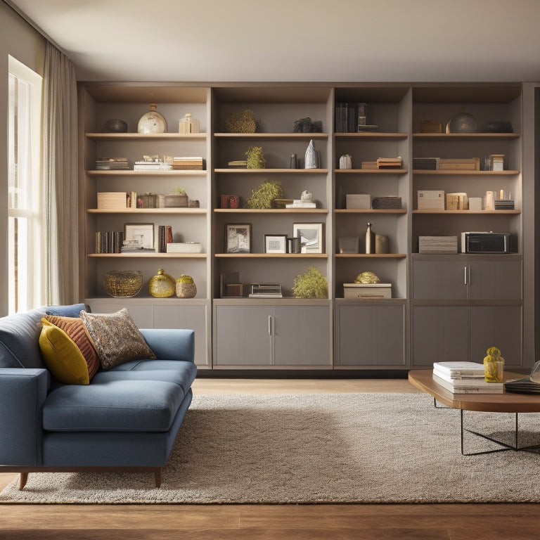 A clutter-free, modern living room with a Murphy bed, sliding doors, and multi-tiered shelving, showcasing efficient use of vertical space and clever storage solutions.