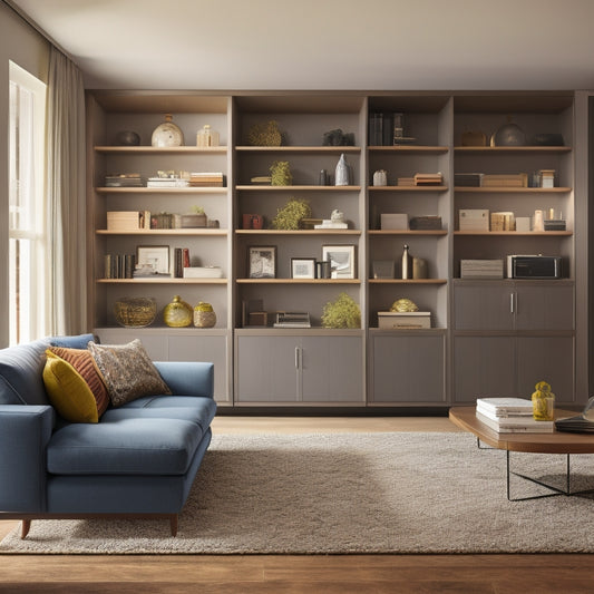 A clutter-free, modern living room with a Murphy bed, sliding doors, and multi-tiered shelving, showcasing efficient use of vertical space and clever storage solutions.