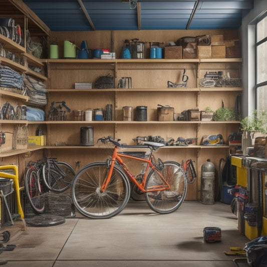 An cluttered small garage with bikes, tools, and storage bins scattered around, contrasted with a tidy and organized adjacent space featuring customized shelving, cabinets, and hooks.