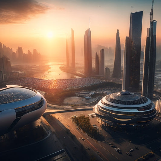 A futuristic, sleek, and modern cityscape at sunrise, with gleaming skyscrapers and innovative architecture, surrounded by circling drones and orbiting satellites, conveying progress and technological advancement.