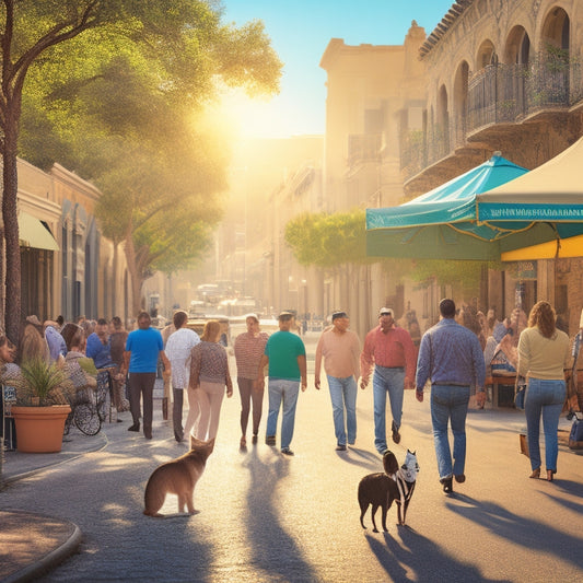 An illustration of a vibrant, sun-kissed San Antonio streetscape with a subtle cat silhouette in the foreground, surrounded by community members of diverse ages and backgrounds working together.