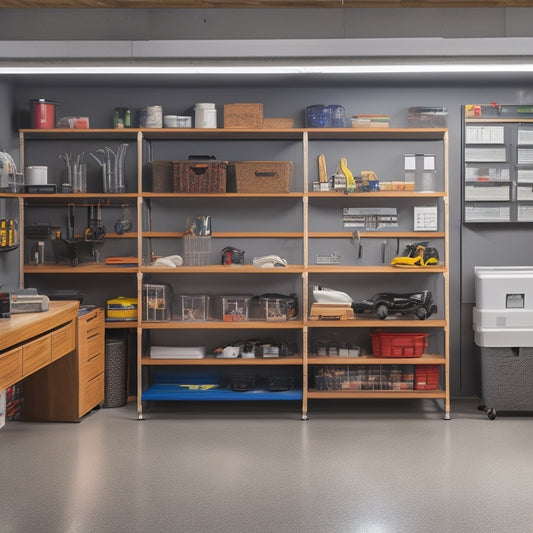 A bright, organized garage with sleek shelving, labeled bins, and a pegboard adorned with neatly hung tools, set against a clean, grey concrete floor and illuminated by natural light.