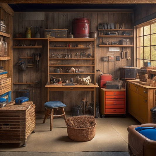 An organized garage with a few pieces of infrequently used furniture, such as a vintage armchair and a wooden desk, stored neatly against the walls and under a staircase, surrounded by labeled storage bins.