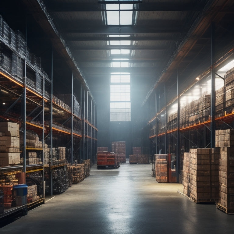 A large, well-lit industrial warehouse with rows of sturdy, metal shelving units, each stacked with heavy machinery, tools, and crates, and featuring reinforced beams and adjustable shelves.