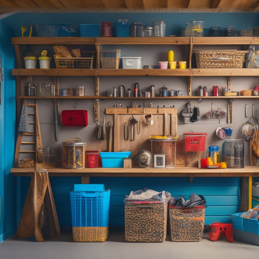 A cluttered garage transformed into an organized space with DIY shelves made from reclaimed wood, repurposed plastic bins, and a pegboard with hanging tools and baskets.