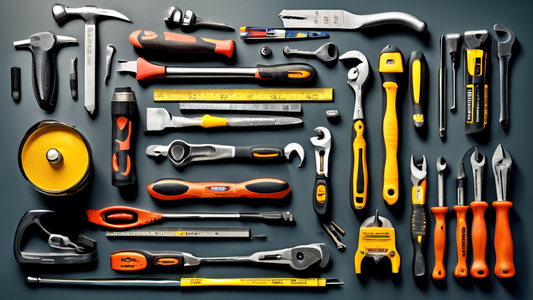 Please generate an image of a well-organized and complete tool set for home renovation. The tools should be arranged neatly in a toolbox or on a workbench, showcasing a variety of items such as hammers, screwdrivers, wrenches, measuring tape, drills,