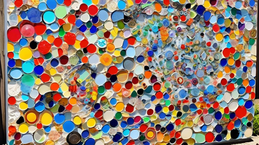 An image of a colorful and vibrant mosaic artwork made entirely out of recycled materials, such as old CDs, bottle caps, and scraps of fabric. The artwork is displayed prominently in a sunny outdoor setting, showcasing the innovative and resourceful 