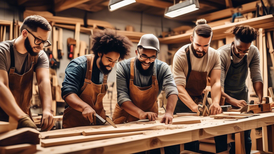 Create an image of a diverse group of people working together in a woodworking workshop, each person showcasing a different carpentry skill such as measuring and cutting wood, assembling furniture, and applying finishes. Show a variety of tools and m