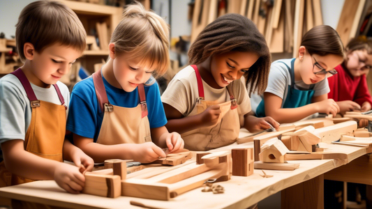 Create an image of a group of children in a workshop setting, working on various creative woodworking projects. Show them using tools safely and enthusiastically crafting wooden creations such as birdhouses, toolboxes, or unique sculptures. Capture t