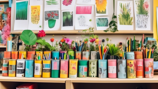 Create an image of a classroom filled with creatively upcycled materials such as old cans turned into pencil holders, milk cartons transformed into planters, and used jars repurposed as storage containers. Show teachers and parents working together t