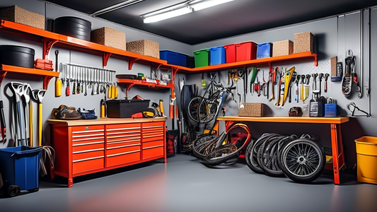 Create an image of a well-organized garage with a prominent garage overhead storage rack, showcasing various items neatly stored and labeled. The image should convey an efficient and tidy storage solution, demonstrating the benefits of utilizing over