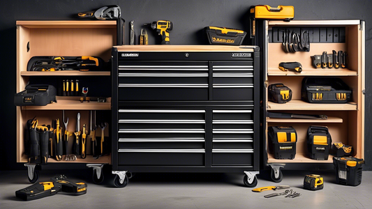 Create an image of a sleek and spacious garage tool chest, perfectly organized with compartments for various tools used by contractors. The tool chest should appear sturdy and practical, showcasing a mix of power tools, hand tools, screws, nails, and