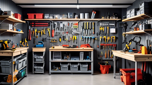 Create an image of a neatly organized tool shed or workshop with various smart storage solutions in place. Include labeled storage bins, wall-mounted tool racks, shelves with clear containers, and any other innovative storage solutions that help keep